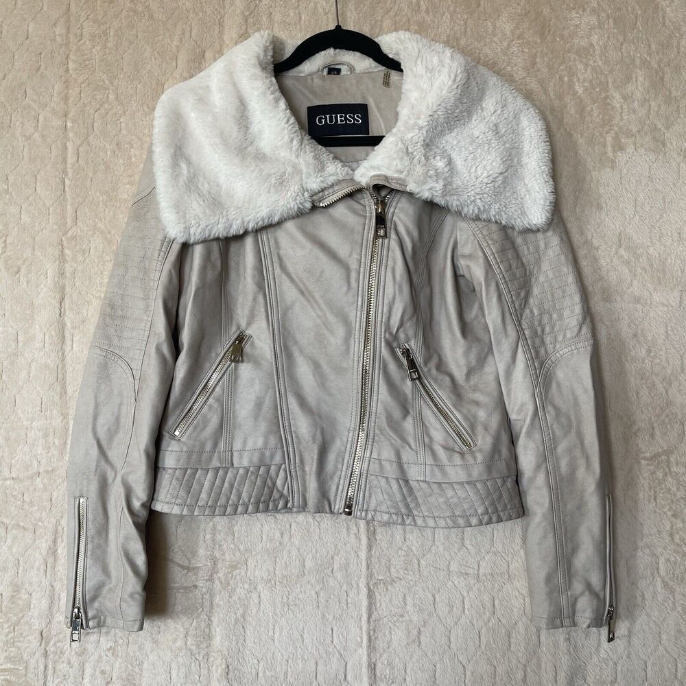 Guess White Luxurious Faux Fur Taupe Leather Moto Jacket Womens Sz L‎